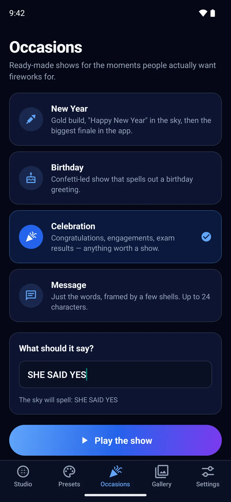 TritonFire occasion presets for birthdays, New Year and custom celebrations